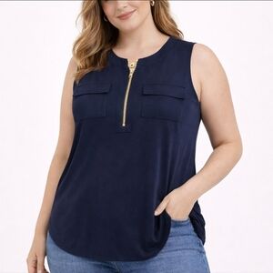Eileen Tracy Navy Sleeveless Zip Front Blouse Women’s Size L